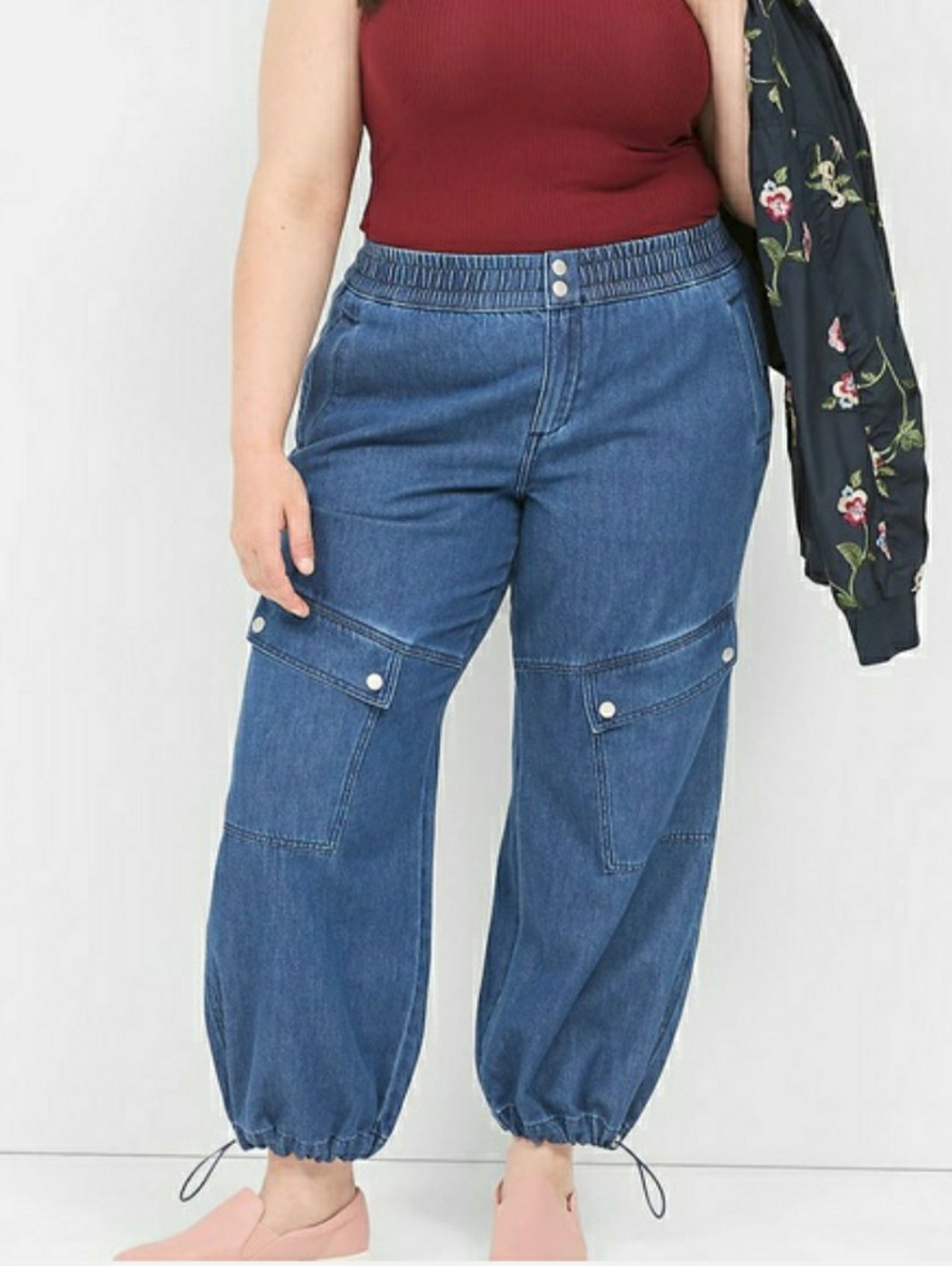 Lane Bryant Parachute Pull On Wide Leg Utility Cargo Denim Jeans Size 16